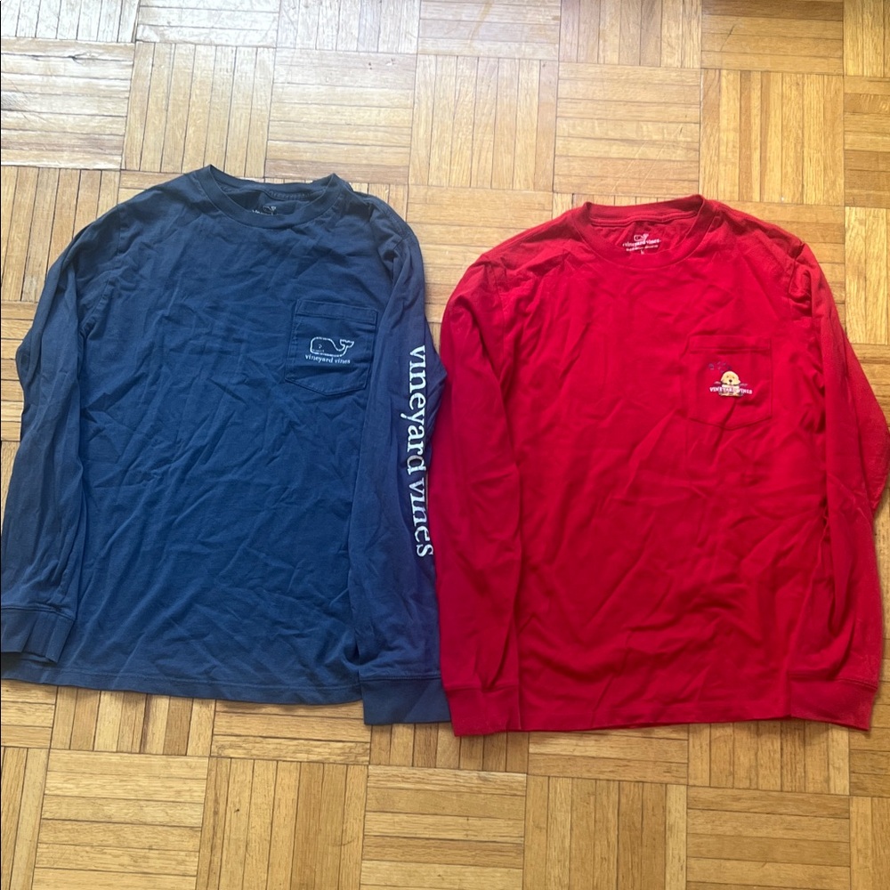 Vineyard Vines Kids Long Sleeve Tees - Navy and Red with golden retriever